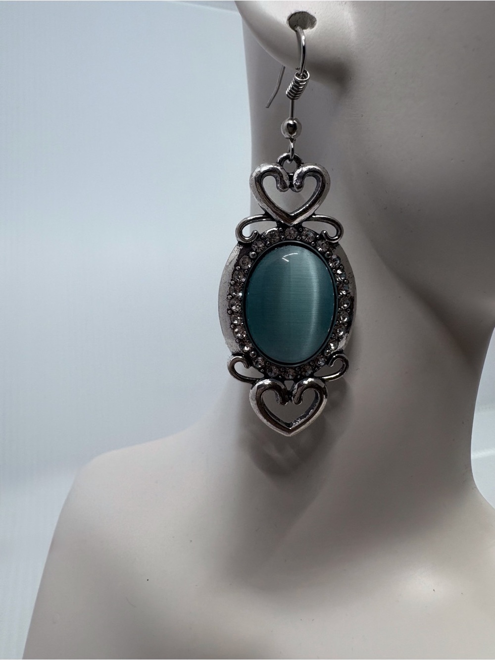 Silver-Tone Teal Cabochon Heart Dangle Earrings